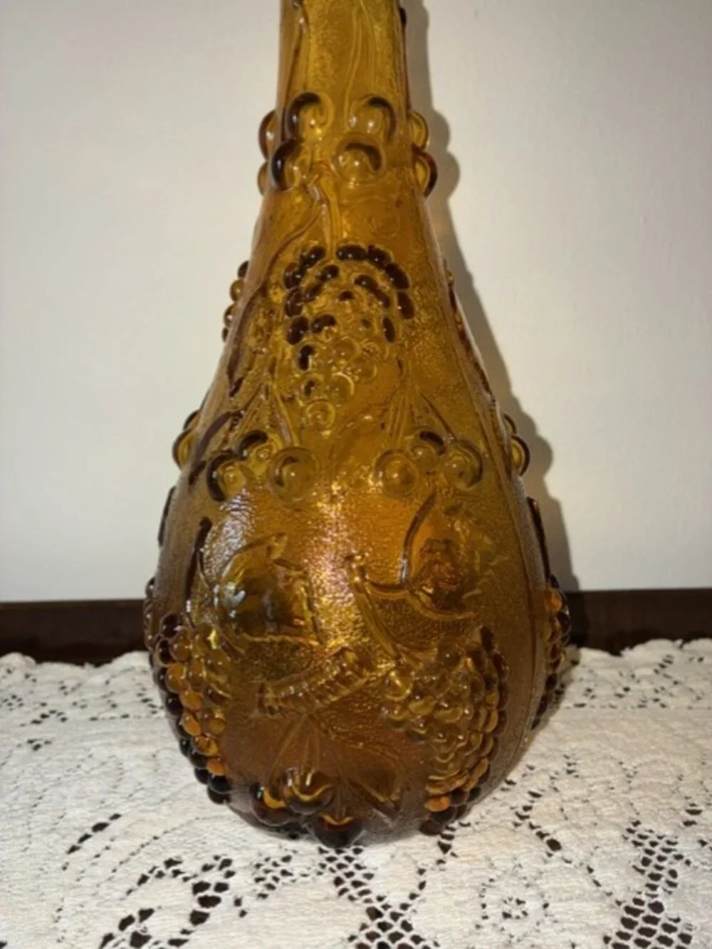 Vintage 1960's Italy Empoli Glass Amber Grapevine Genie Bottle - No Stopper